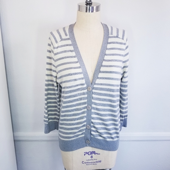 🌸 Vince | Gray Stripe Cardigan Cotton Cashmere sweater L - Picture 8 of 9